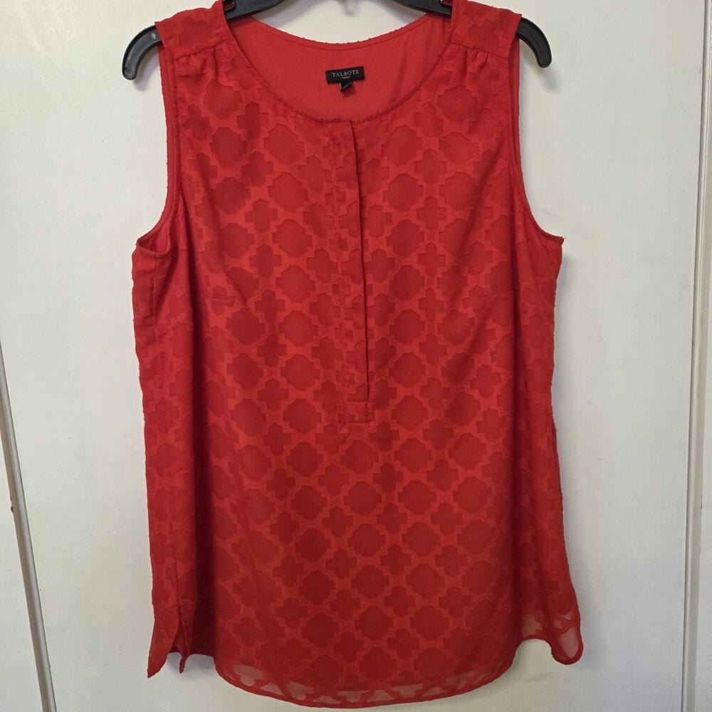 Talbots Woman Womens Blouse XL Red Geometric Sleeveless Hidden Button Placket